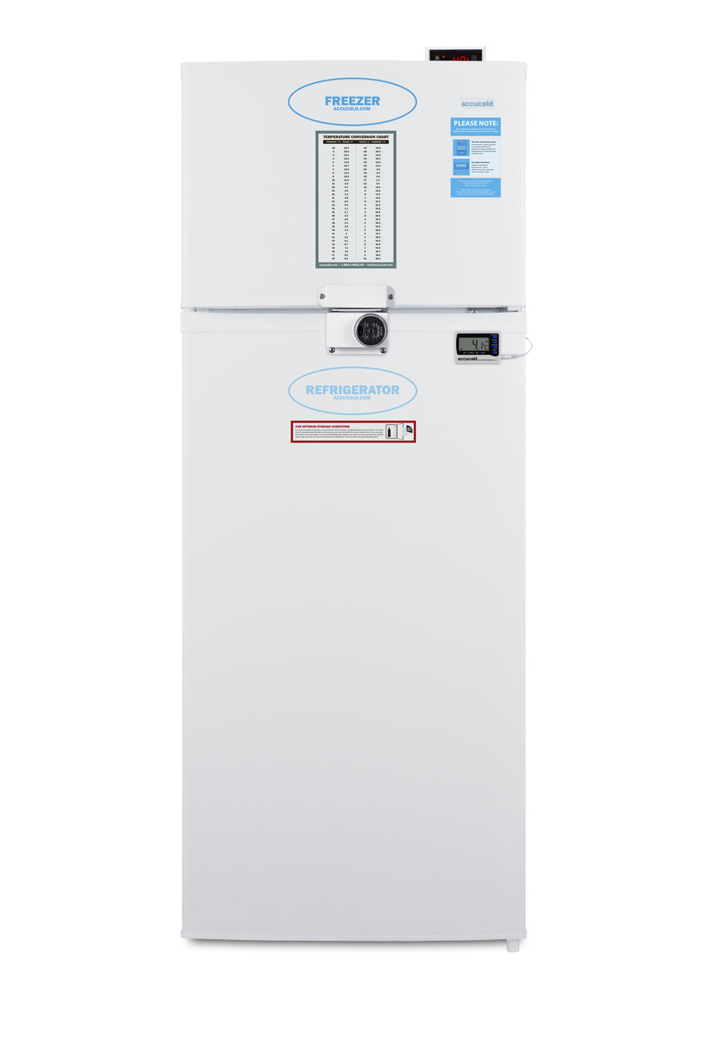 General purpose refrigerator-freezer with digital refrigerator control, internal fan, combination lock, and NIST calibrated alarm/thermometer